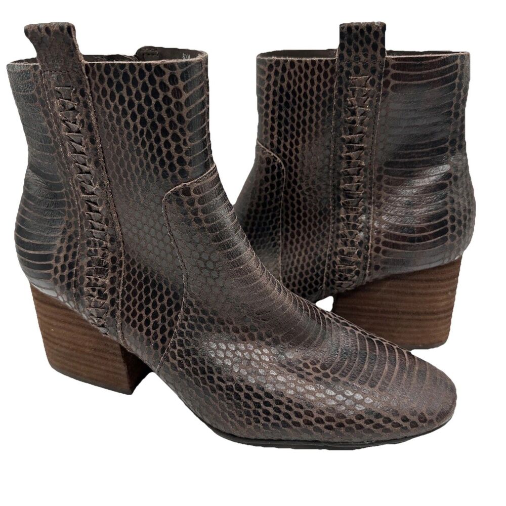 New KORKS Leyland Brown Leather Snakeskin Print Stacked Med Heel Boots Size 8.5M